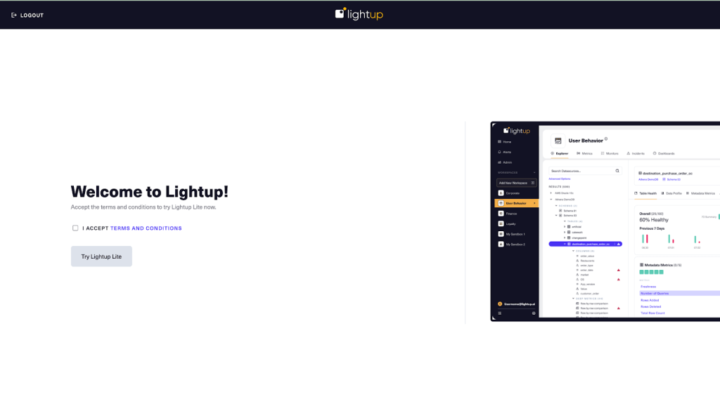 screenshot showing welcome to lightup
