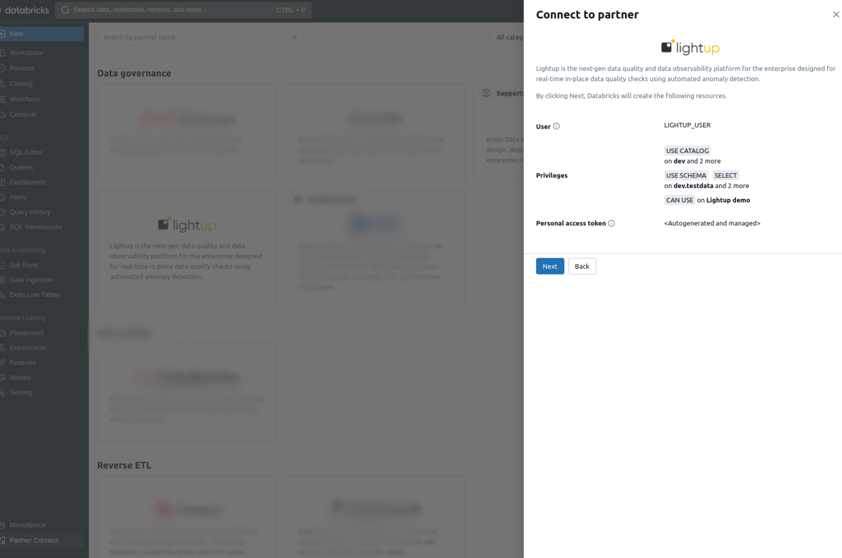 Personal access tokens to connect Databricks to Lightup are automatically generated.