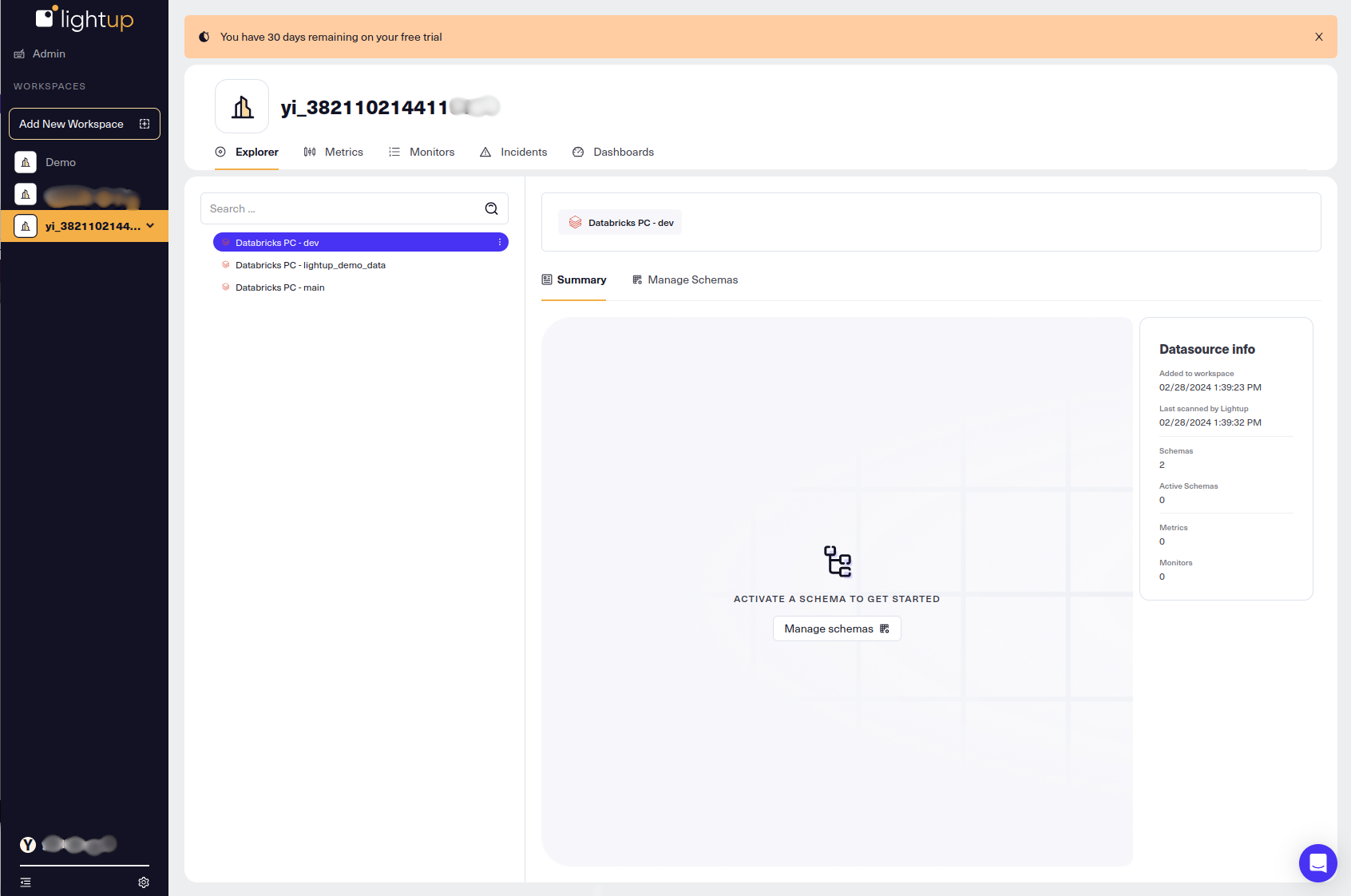Databricks catalogs are automatically added to your Lightup Workspace.