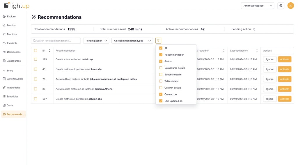 Lightup Recommendations UI